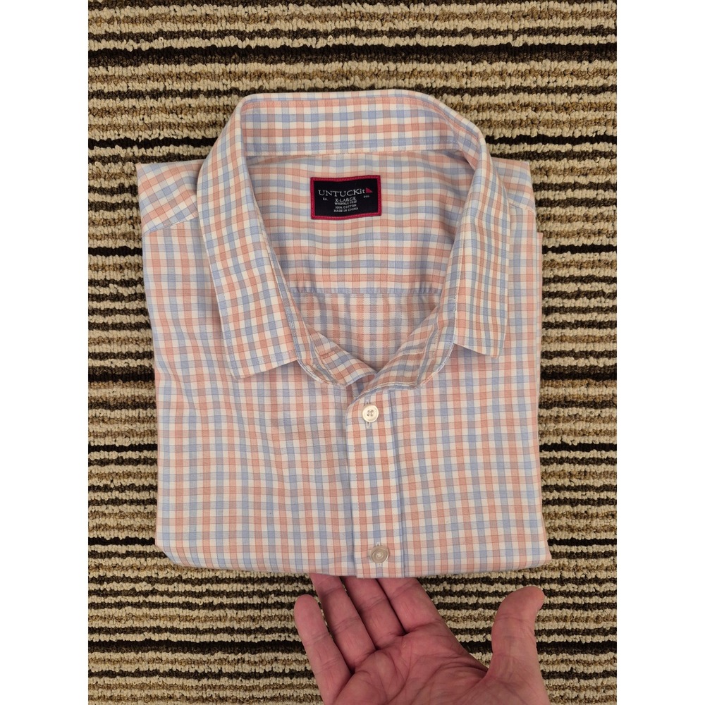UNTUCKit Mens XL Short Sleeve Button Down Shirt Blue Orange Gingham Wrinkle Free